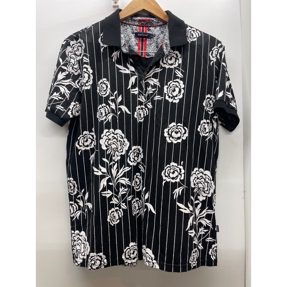 Barabas Mens Black White Floral Pinstripe Short Sleeve Polo Shirt Large
